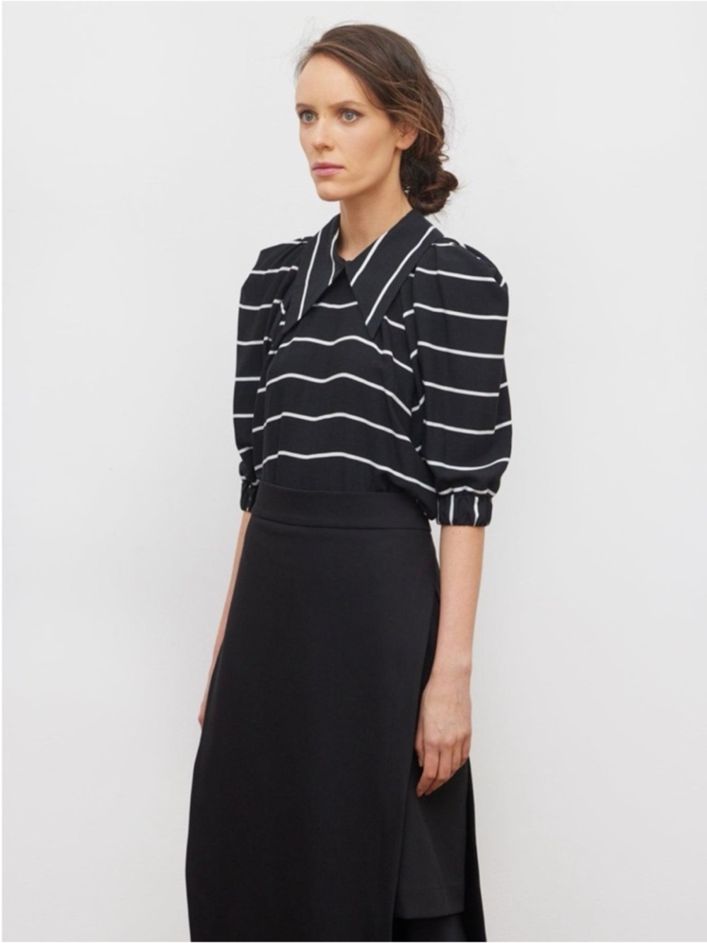 Striped Puff-Sleeve Collared Blouse in Black and White